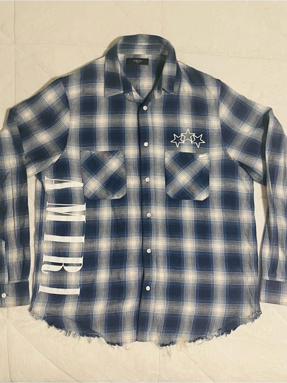 AMIRI Italy Blue Plaid Flannel Stars Button-Up Shirt Men’s Size Large